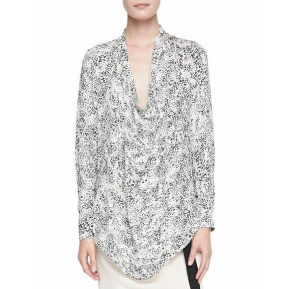 Haute Hippie Ditsy Leopard Black & White Silk Print Cowl Neck Top Blouse SZ S - Picture 9 of 10